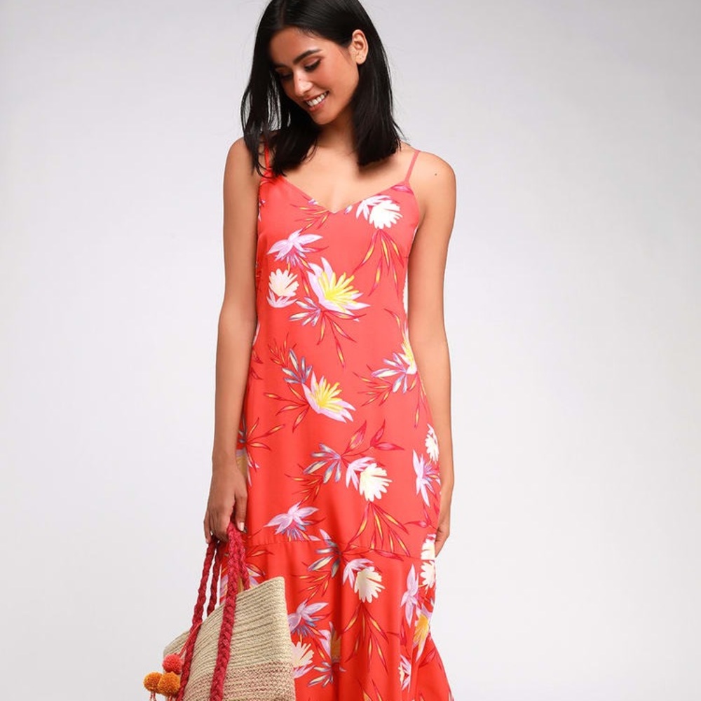 Coral Red Floral Print Summer Dress